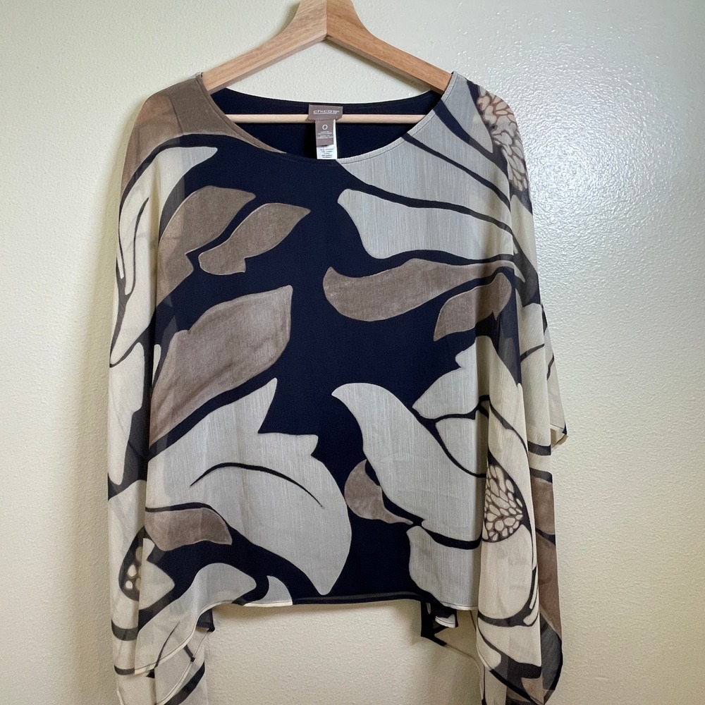 Chico's Women's Travelers Flowy Floral Chiffon Top Navy White Tan Sz Small